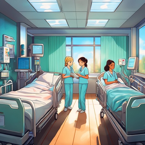 Nurses working in a hospital room